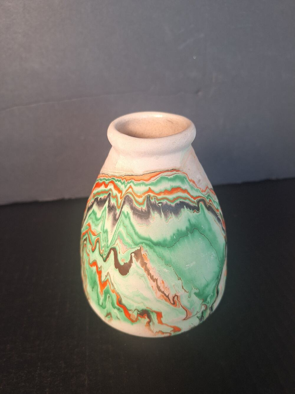 Nemadji Pottery Swirl Vase USA Green Orange Marbleware Mission Drip Art Pottery